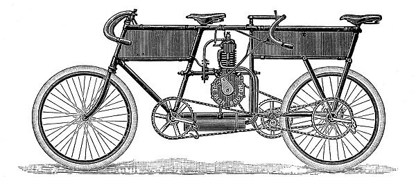 TANDEM MOTORCYCLE, 1899. Wood engraving, French, 1899