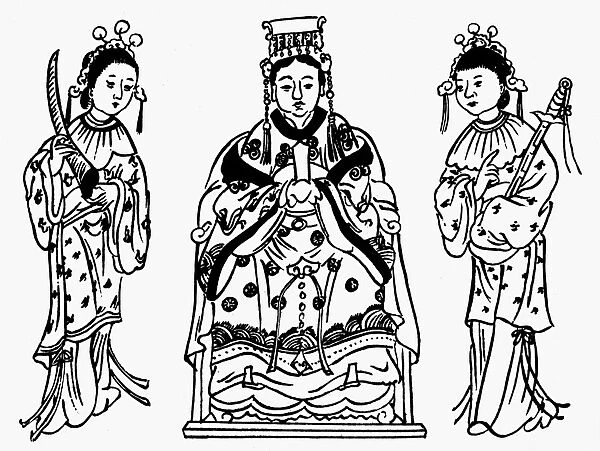 TAOISM: MATSU P O. Taoist Queen of Heaven, Matsu P o, with attendants. Line drawing