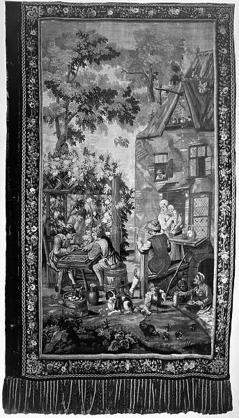 TAPESTRY: BACKGAMMON. European tapestry depicting a scene of daily life and two