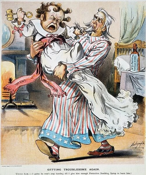 TARIFF CARTOON, 1896. Americas Infant Industries crying for high protective tariffs in an 1896 cartoon by Louis Dalrymple