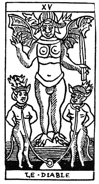 TAROT CARD: THE DEVIL. The Devil (Disease). Woodcut, French, 16th century