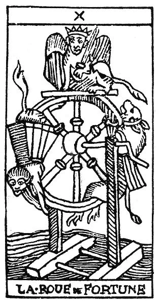 TAROT CARD: FORTUNE. The Wheel of Fortune (Fate). Woodcut, French, 16th century