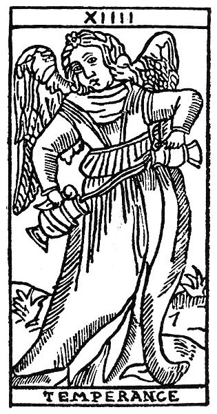 TAROT CARD: TEMPERANCE. Temperance (Economy). Woodcut, French, 16th century