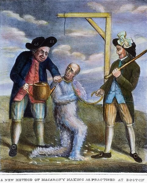 TARRING & FEATHERING, 1774. A New Method of Macarony Making, as Practiced at Boston. American edition of an English mezzotint satire, 1774, on the treatment given to John Malcom, an unpopular Commissioner of Customs at Boston