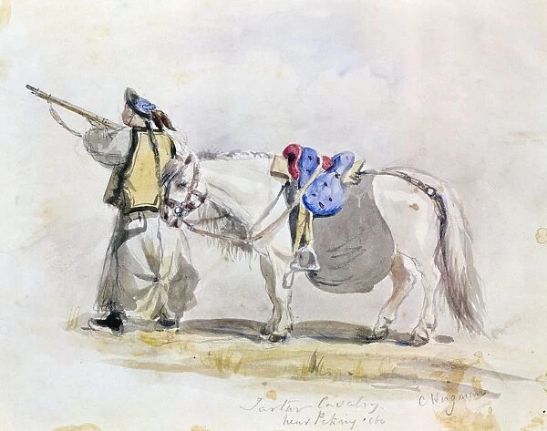 A Tartar cavalryman near Peking, China, at the time of the Second Opium War. Contemporary watercolor by C. Wingman