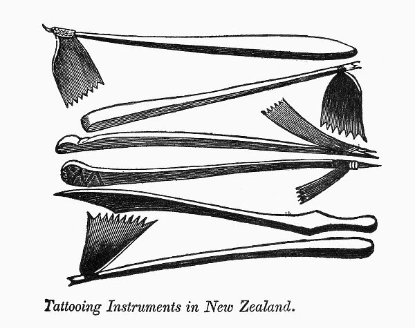 TATTOOING INSTRUMENTS. New Zealand. Wood engraving, 19th century
