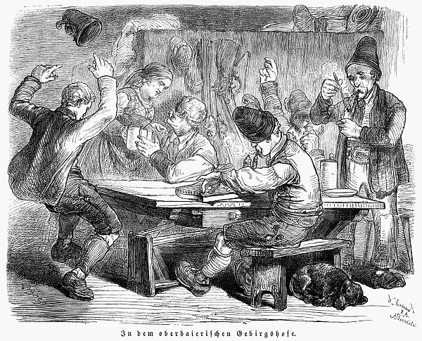 A Tavern in the Bavarian Alps. Wood engraving, German, 19th century