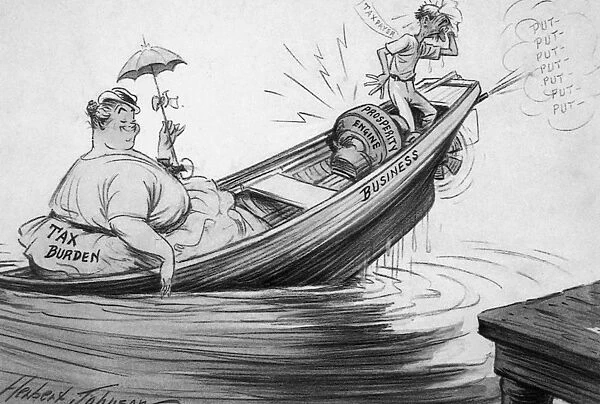 The Tax Burden created by President Roosevelts New Deal sinks Business, with the Taxpayer helpless at the helm. Cartoon satirizing the New Deal, by Herbert Johnson, 1935