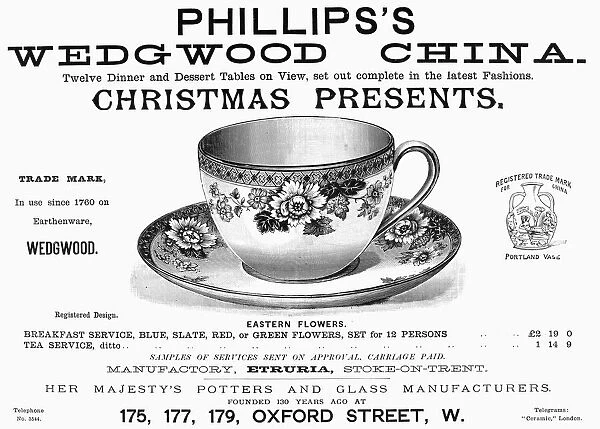 TEA CUP, 1890. English newspaper advertisement for Phillips Wedgwood China, 1890
