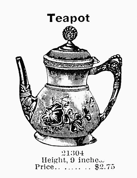 TEA POT, 1895. Silver plated teapot. American catalogue advertisement, 1895