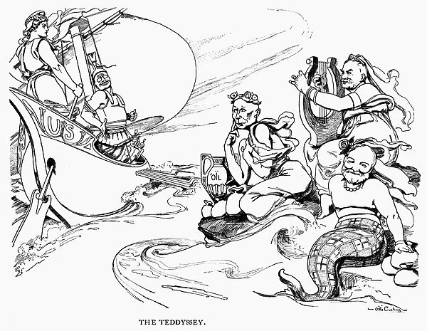 The Teddyssey: The Sirens Try to Lure Teddysses to the Rocks. President Theodore Roosevelt resists the charms of John D. Rockefeller, J. P. Morgan, and Andrew Carnegie. American cartoon, 1907, by Otho Cushing
