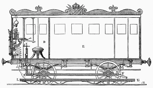 Telegraph car on a locomotive. Line engraving, French, 1855