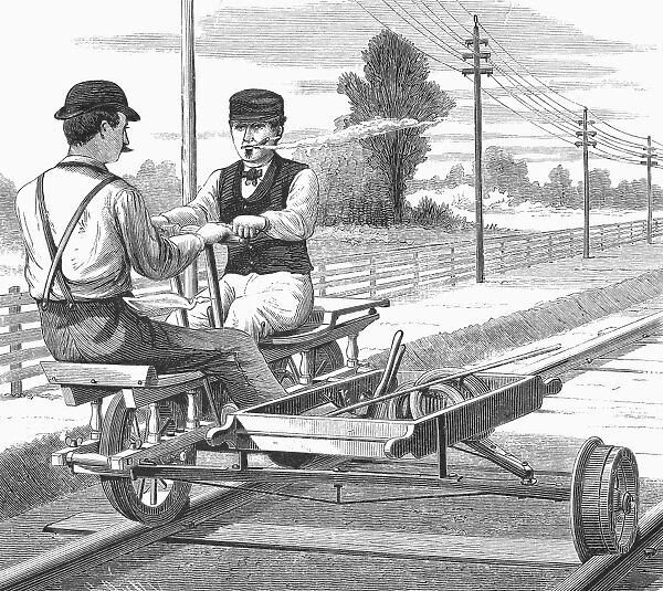 TELEGRAPH REPAIRMEN, 1881. Two workers for the Sheffield, England, Telegraph and Light Company on their way to a telegraph pole repair job. Wood engraving, English, 1881