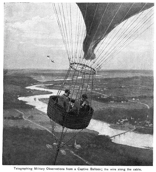 Telegraphing military observations from a captive balloon; the wire along the cable. American magazine illustration