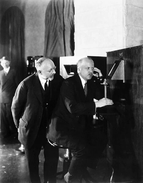 TELEVISION, 1927. Walter S. Gifford, president of AT&T, speaking with President