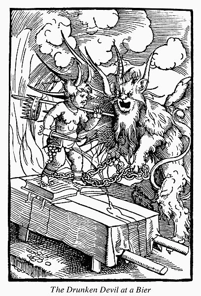 TEMPERANCE, 1534. The drunken devil on a bier. Woodcut from a book against drinking