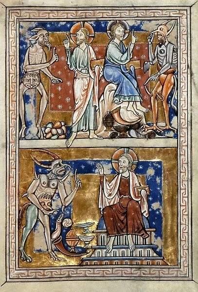 Three temptations of Christ: English manuscript illumination from Huntingsfield Psalter, c1215