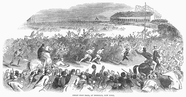 Three and ten-mile races at Hoboken, New Jersey, 19 November 1844, attracted huge crowds. Wood engraving from a contemporary English newspaper