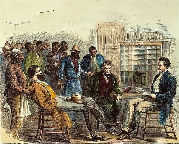 TENN: FREEDMENs BUREAU. Office of the Freedmens Bureau at Memphis, Tennessee: colored engraving, 1866