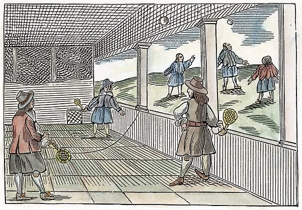 TENNIS, 1659. A game of court tennis. English woodcut, 1659
