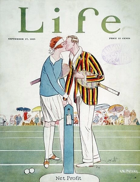 TENNIS COURT ROMANCE, 1925. Net Profit. Tennis court romance on a Life cover, 1925