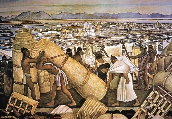 TENOCHTITLAN (MEXICO CITY). Great Tenochtitlan  /  The Market: detail from Diego Riveras mural of market day in the Aztec capital. The Great Temple is seen in background