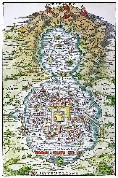 TENOCHTITLAN (MEXICO CITY) at the time of the Spanish Conquest: colored woodcut, 1556