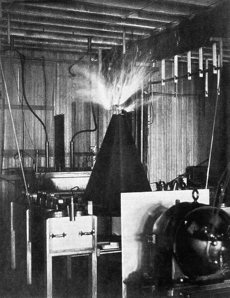 TESLA COIL, 1894. The Tesla coil in Nikola Teslas laboratory in New York. Photograph