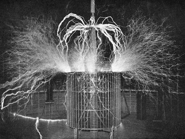 TESLAs LABORATORY, c1900. Burning the nitrogen of the atmosphere in an experiment