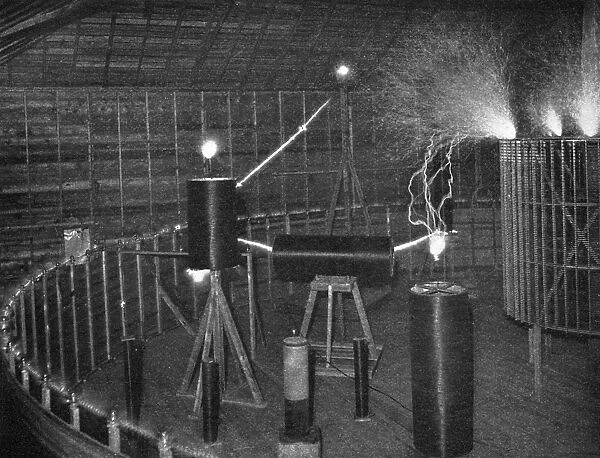 TESLAs LABORATORY, c1900. Coils responding to electrical oscillations during a