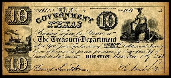 TEXAS BANKNOTE, 1838. Ten dollar banknote issued by the Treasury Department of