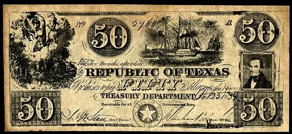 TEXAS BANKNOTE, 1839. Fifty dollar banknote issued by the Treasury Department of