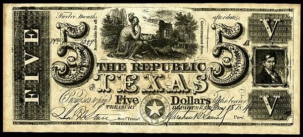 TEXAS BANKNOTE, 1840. Note for five dollars issued by the Treasury Department of