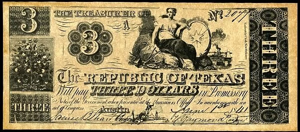 TEXAS BANKNOTE, 1841. Note for three dollars issued by the Treasury Department