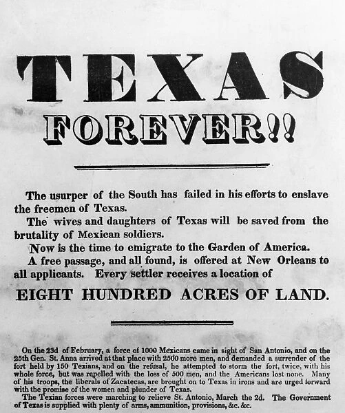 TEXAS BROADSIDE, 1836. Broadside advertising a free passage to Texas after winning