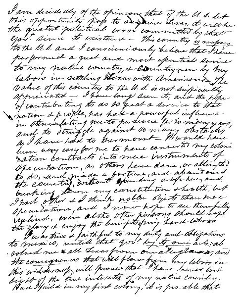 TEXAS: LETTER, 1836. Letter to Andrew Jackson Donelson written by Stephen F. Austin at Columbia