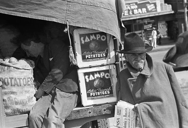 TEXAS: POTATO VENDOR, 1939. Potato peddler resting in the back of the truck at