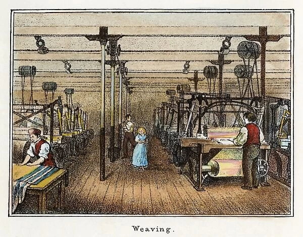 TEXTILE MANUFACTURE, c1836. The weaving room in a New England cotton mill. Lithograph