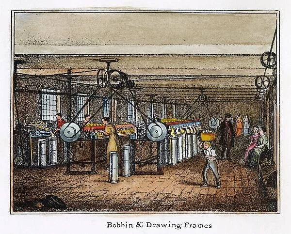 TEXTILE MILL, c1840. Bobbin and drawing frames in a New England cotton textile mill