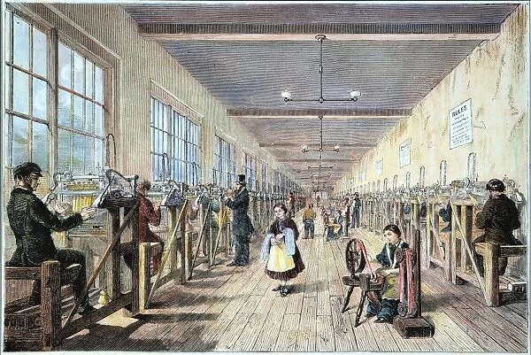 TEXTILE MILL. One of Robert Owens model textile mills at Tewkesbury, England, with work rules prominently displayed on the walls: colored engraving, 19th century