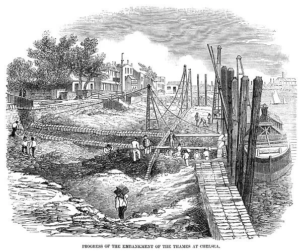 THAMES EMBANKMENT, 1857. Construction of the Thames River embankment at Chelsea, London, England