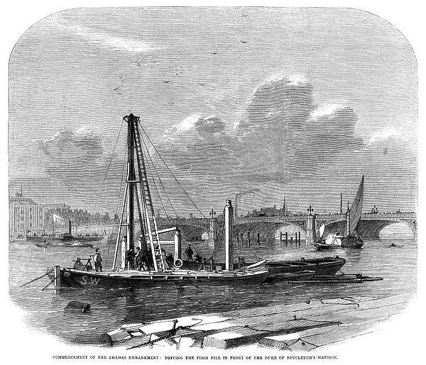 THAMES EMBANKMENT, 1862. Driving the first pile of the Thames River embankment