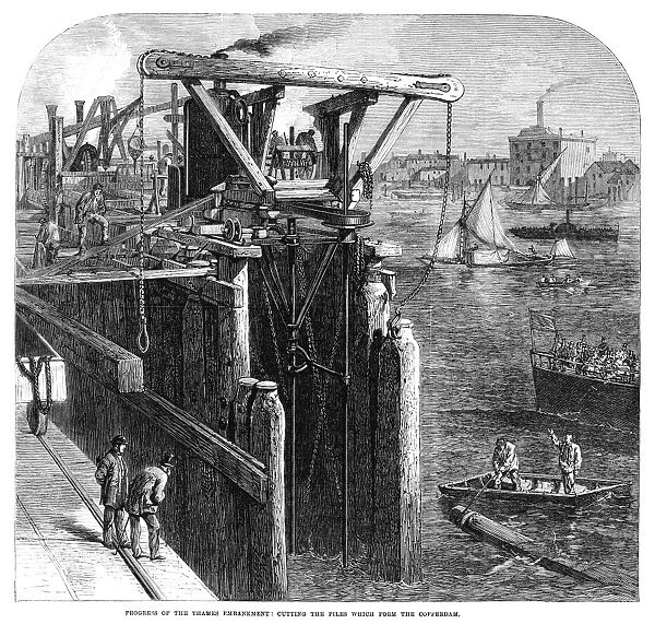 THAMES EMBANKMENT, 1866. Workers cutting the piles which form the cofferdam of