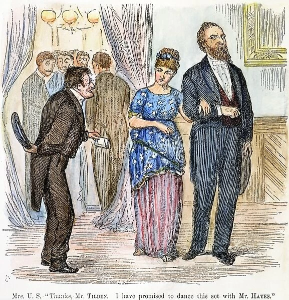 Thanks, Mr Tilden. I have promised to dance this set with Mr Hayes. An 1877 American cartoon on the contested Rutherford B. Hayes vs. Samuel Tilden 1876 presidential election, which resulted in a Hayes victory after twenty disputed electoral votes were awarded to him