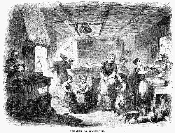 THANKSGIVING, 1855. Preparing for Thanksgiving. Wood engraving, American, 1855