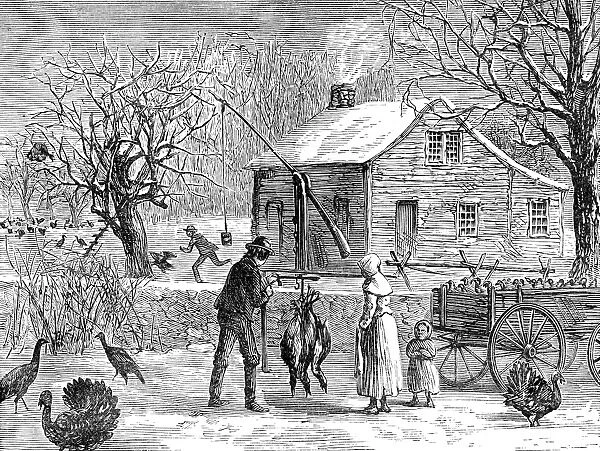 THANKSGIVING, 1882. Buying turkeys. Wood engraving, American, 1882