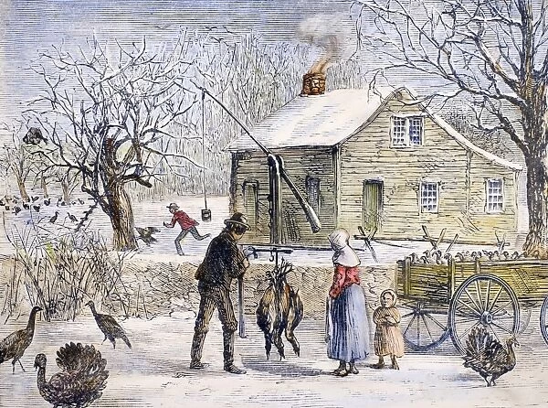 THANKSGIVING, 1882. Buying turkeys for Thanksgiving. Wood engraving, American, 1882