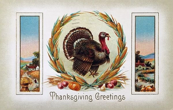 THANKSGIVING CARD, 1910. American Thanksgiving Day greeting card, 1910, featuring a turkey and a country harvest scene