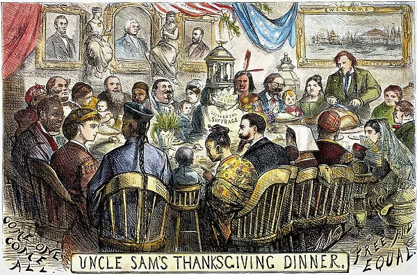 THANKSGIVING CARTOON, 1869. Uncle Sams Thanksgiving Dinner: cartoon, 1869, by Thomas Nast depicting a Thanksgiving table at which all comers are welcome