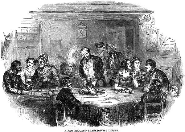 THANKSGIVING DINNER, 1850. American wood engraving, c1850